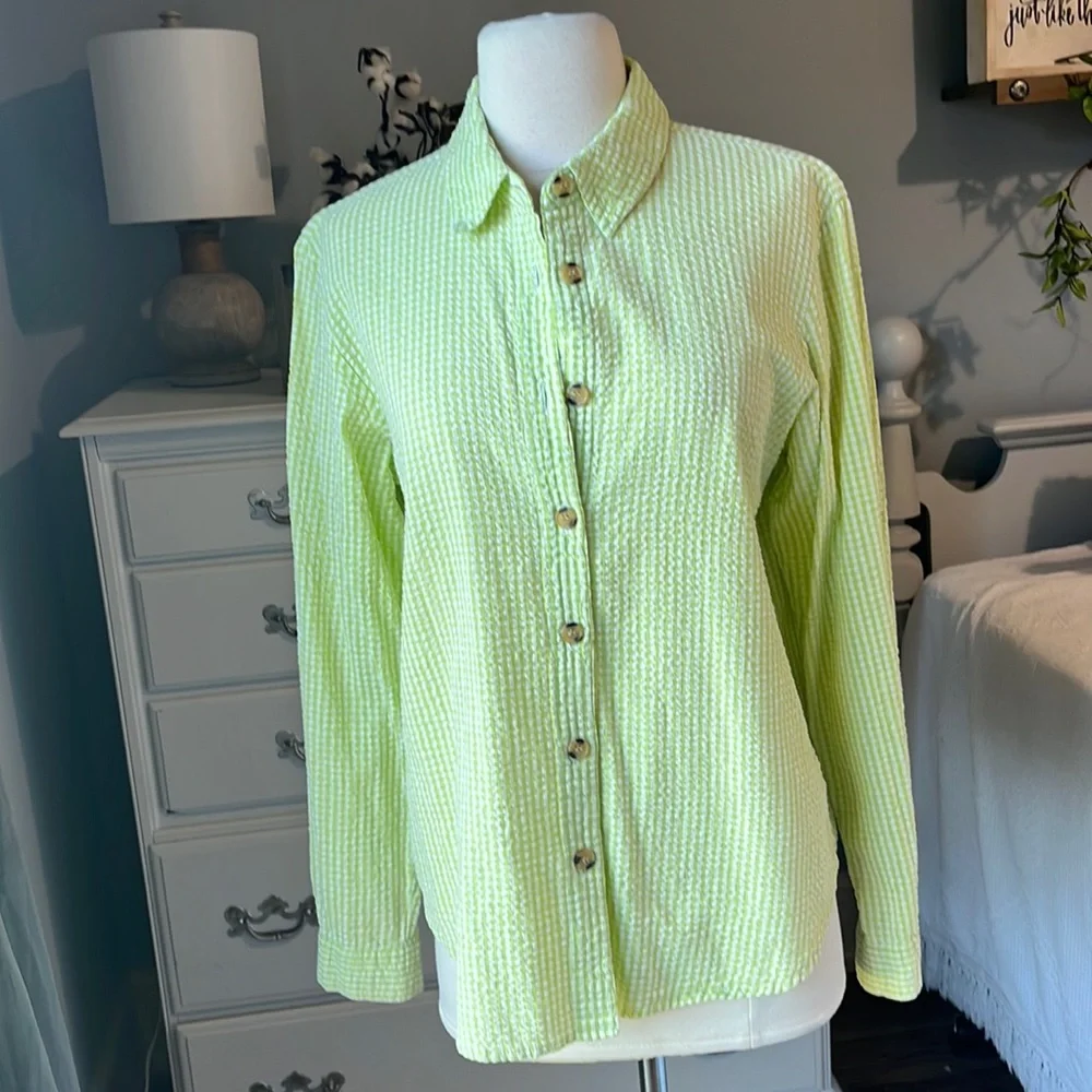 Vintage Bedford Fair Lifestyles Lime Green 90s Seersucker Checked Blouse Women M - Picture 3 of 9